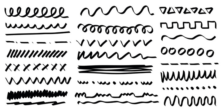 Collection of hand-drawn lines, dividers, and borders in various styles including squiggles, dashes, waves, and marker strokes in black on white background
