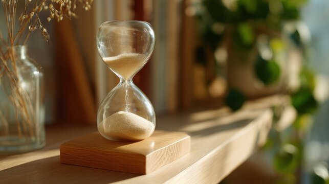 Hourglass time management concept — calm sand timer in warm sunlight on wooden shelf, serene minimal still life with soft focus — motivational decor for productivity, mindfulness, and countdown