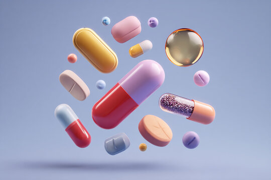 Various colorful pills capsules and a gel cap float freely against a soft blue backdrop showcasing different medication types and pharmaceutical forms