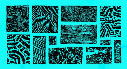 Abstract linocut print featuring various geometric and organic patterns in black against a teal background.