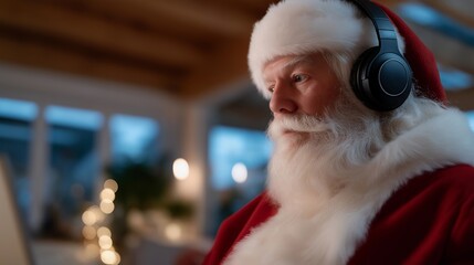 Side view of Santa in headphones reviewing video ads and campaign metrics — showcasing focused marketing leadership, festive entrepreneurship, and tech-driven Christmas business operations.