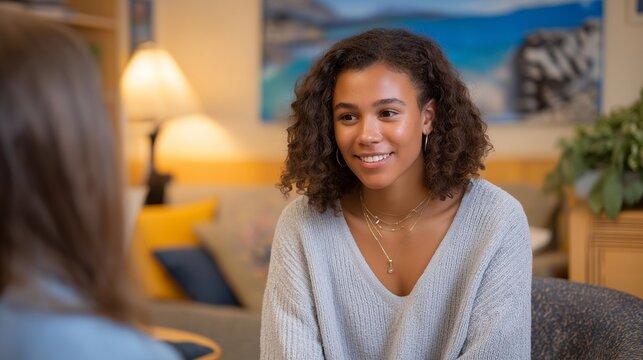 A counselor talking with a student in a quiet office decorated with calming colors — emotional safety, mental health support, and nurturing academic environment. cinematic color correction, natural
