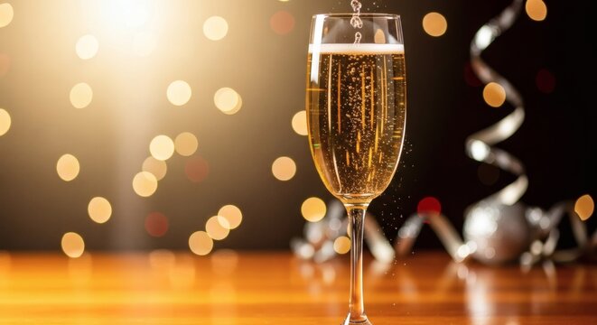 Celebratory champagne being poured into a tall flute glass, surrounded by festive bokeh lights and decorations