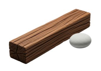 Aged deep brown wooden plank with rich texture, prominent grain, and fissures, alongside a smooth transparent river pebble, on seamless gray, harmonious contrast of natural materials