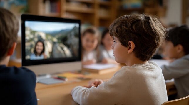 A modern classroom where students join an international video call, comparing holidays, school life, and cultural festivals with peers abroad — digital cultural exchange, global education, and - Powered by Adobe