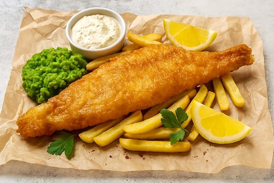 Crispy golden battered fish and chips with mushy peas and lemon. - Powered by Adobe