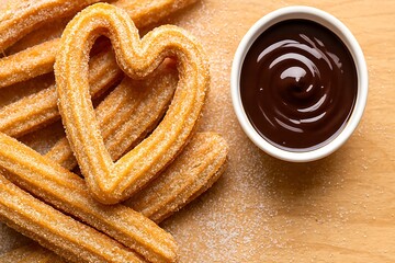 Heart shaped churros with chocolate dip on wooden background.