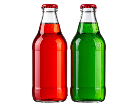 Red and Green Fizzy Soda Glass Bottles Standing Side-by-Side, Transparent PNG