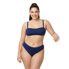 Confident plus-size woman posing in stylish navy blue swimwear isolated on transparent setting