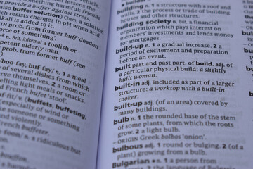 English Dictionary Page Close Up With The Word Meaning Of -buil-in