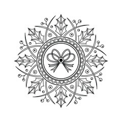 Black and white mandala with a central bow and holly leaf motifs pattern