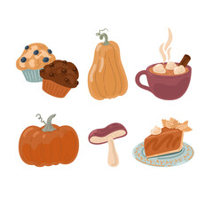 Cozy Thanksgiving set with pumpkin pie, cocoa, muffin and mushroom, vector illustration