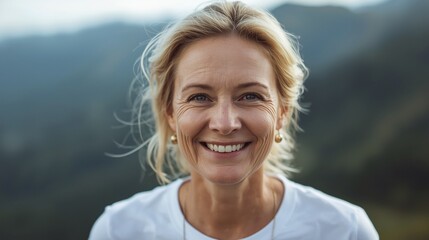 Cheerful Blonde Woman Against Mountain Backdrop