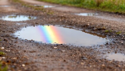 Vibrant rainbow reflected in a muddy road puddle
