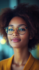 A confident young Black woman with natural curly hair and stylish round glasses smiles gently, looking at the camera with a friendly expression.