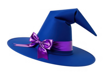 A vibrant blue witch hat adorned a purple ribbon bow, ideal for festive occasions, isolated on transparent background