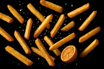 Crispy golden french fries scattered with salt and a lemon slice.