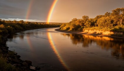 Golden light illuminates river with a stunning double rainbow