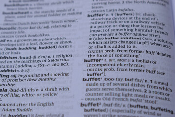 Fototapeta premium English Dictionary Page Close Up With The Word Meaning Of -buffer