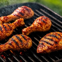 Delicious chicken drumsticks cooking on a hot outdoor grill.