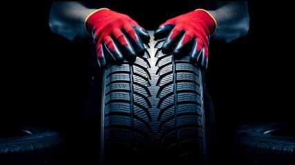Car mechanic man holding tire in garage workshop. Auto service repair concept. Professional automotive maintenance.