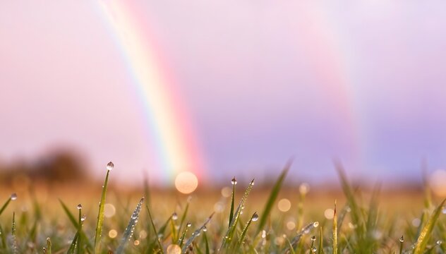 Colorful rainbow arching over shimmering morning blades