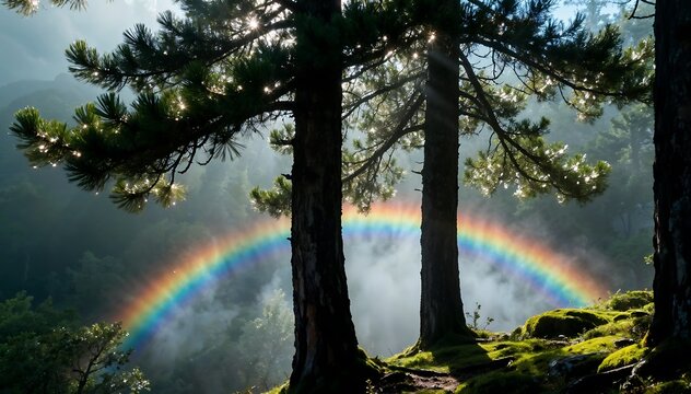 Vibrant Rainbow Arching Over Misty Forest Pines