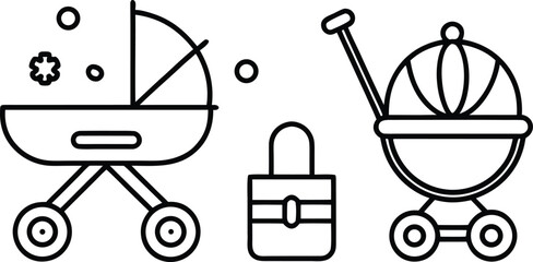 Baby stroller and bag line art icons for parenting and travel themes