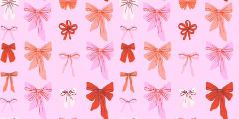 Seamless pattern with various pink and red color bow knots. Trendy hair braiding or gift decor accessory. Cute vector illustration for party wrapping paper, packaging, fabric, wallpaper backgrounds.