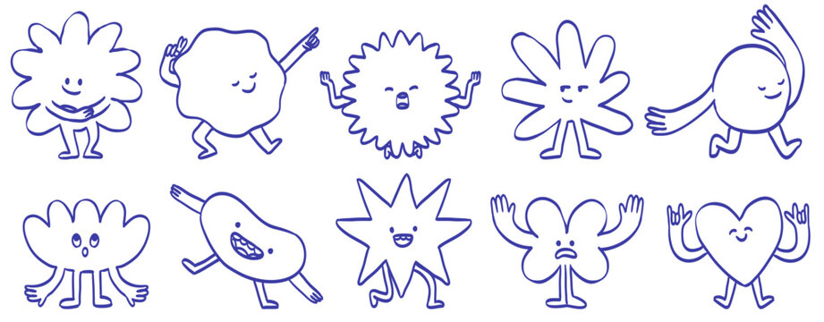 Smiling character and mascots illustrations. Abstract funny cartoon stickers and line icons. Vector logo design elements and emoji emblems for web and ui advertising, branding, posters and banners.