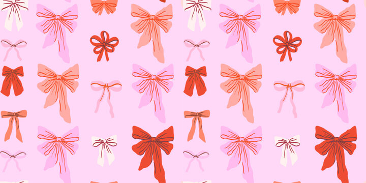 Seamless pattern with various pink and red color bow knots. Trendy hair braiding or gift decor accessory. Cute vector illustration for party wrapping paper, packaging, fabric, wallpaper backgrounds.
