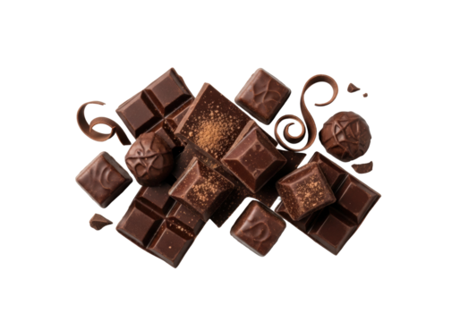 High-angle studio shot of elegant gourmet dark chocolate arrangement: ridged bars, smooth chunks, dust, delicate curls, rich brown, sheen, on a seamless transparent background, concept of culinary