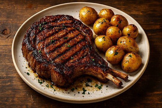Juicy grilled tomahawk steak with roasted baby potatoes.