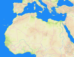 Naklejka premium Map of North Africa showing the region with relief representation, rivers, lakes and administrative boundaries. No labels at all.
