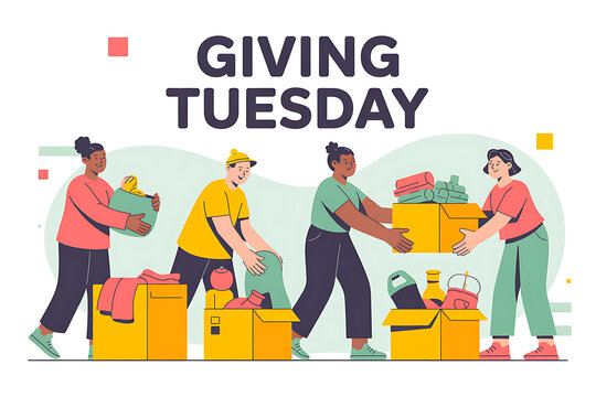 Joyful Giving Tuesday celebration as diverse volunteers pack donations supporting community kindness and charitable giving initiatives worldwide