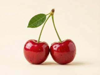 Fresh Red Cherries with Stem and Leaf on Light Background