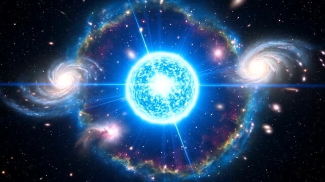 Bright blue star surrounded by swirling galaxies in a cosmic expanse, illustrating stellar formation