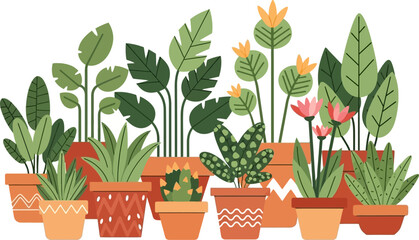 A vibrant illustration of various potted houseplants with diverse foliage and decorative pots.