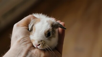 A cute bunny gently held in a human hand, with a calm and heartwarming expression. The bunny appears relaxed and comfortable. 