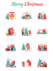 Obraz premium Colorful Christmas icons set, tree, ornament, gift, stocking, snowflake, Santa hat, sleigh, candy cane, bell, fireplace, Grandma,... vector illustration