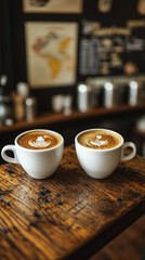 Two steaming cups of delicious latte coffee with beautiful foam art rest on a rustic wooden table in a cozy cafe.