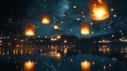 Obraz premium Lanterns Drifting Upwards Into Deep Starry Sky high resolution picture