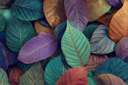 A beautiful vibrant close-up of colorful translucent leaves showcasing intricate vein patterns overlapping in an artistic natural backdrop