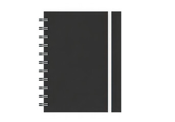 A clean black spiralbound notebook a white elastic band closure, perfect for school or office, isolated on transparent background