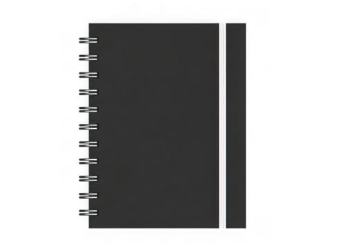 A clean black spiralbound notebook a white elastic band closure, perfect for school or office, isolated on transparent background