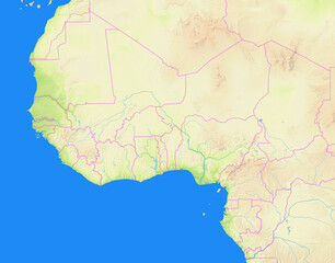 Map of West Africa showing the region with relief representation, rivers, lakes and administrative boundaries. No labels at all.