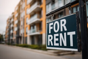 A bold "FOR RENT" sign stands in front of a modern apartment building, signaling opportunity and urban living. The image conveys real estate, possibility, and new beginnings.