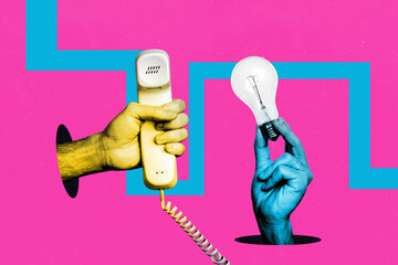 Image poster trend collage of human hands hold telephone handset light bulb idea finding...