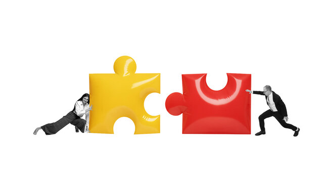 Colorful collage of two people pushing giant yellow and red puzzle pieces toward connection. Concept of teamwork fit, partnership building, collaboration challenge and strategic alignment. - Powered by Adobe