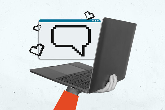Poster image artwork pop collage of hand hold laptop heart notification webpage bubble like reaction social media conversation